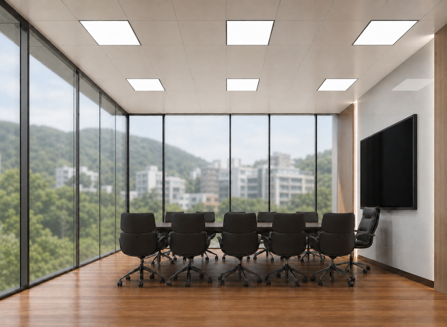Sala de reuniões contemporânea com vidros semitransparentes e vista suavizada de Florianópolis